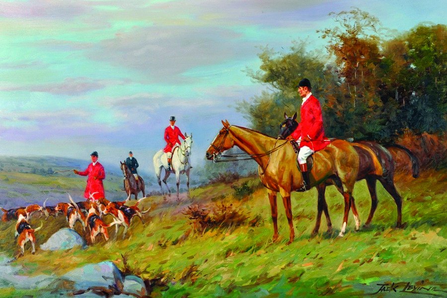 Jack Levine (20th Century) British. A Hunting Scene,: Jack Levine (20th Century) British. A Hunting Scene, with Men on Horseback, Oil on Canvas, Signed, 24" x 36".