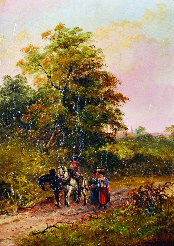 J Earl (19th – 20th Century) British. Figures and: J Earl (19th – 20th Century) British. Figures and Horses on a Country Path, Oil on Canvas, Signed, 14" x 10", and the companion piece, a pair (2).