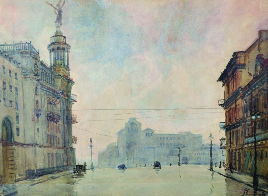 Alexander Gerasimov (1955- ) Russian. ‘Gorky Street,: Alexander Gerasimov (1881 - 1963) Russian. ‘Gorky Street, Moscow’, with Car and Figures walking in the street, Watercolour, Signed and Dated 1944, 20" x 26.75".