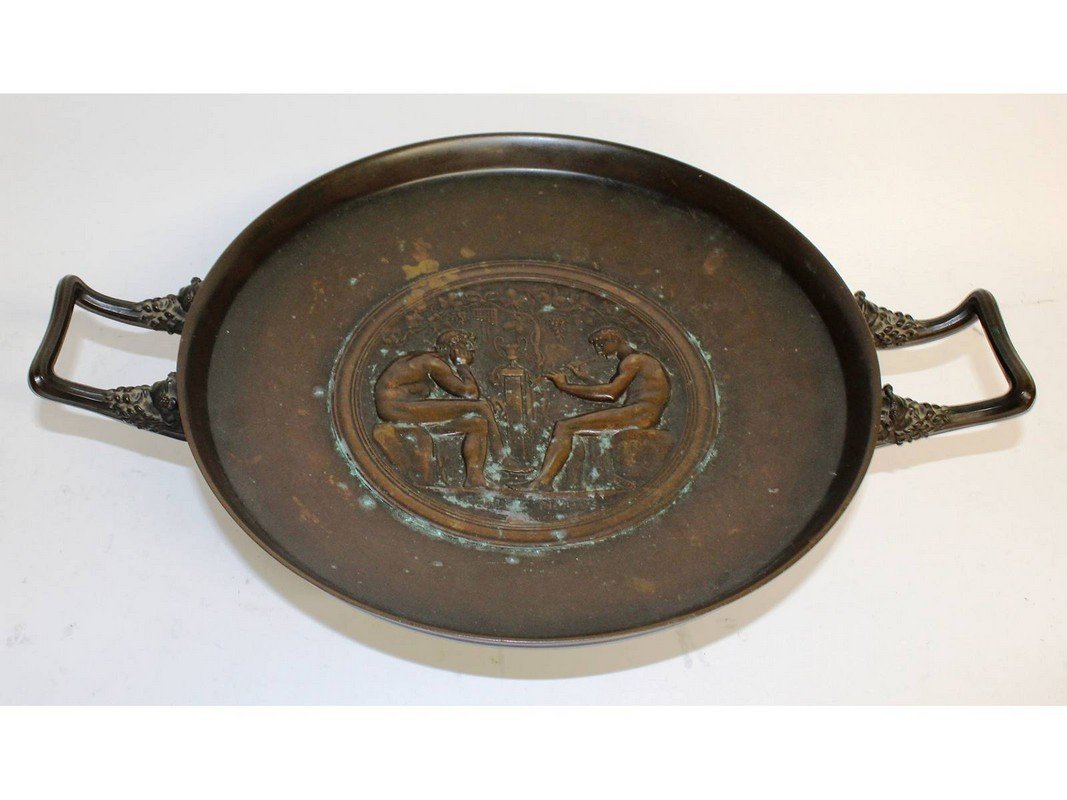 FERDINAND LEVILLAIN (1837-1905) A GOOD FRENCH BRONZE: FERDINAND LEVILLAIN (1837-1905) A GOOD FRENCH BRONZE TWO HANDLED PEDESTAL TAZZA, CIRCA. 1870, cast by Barbedienne, entitled Menalcas & Mopsus. 13ins diameter.