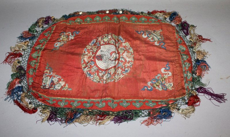 A GOOD 19TH CENTURY CHINESE RED GROUND SILK KESI PANEL, (1 of 5)