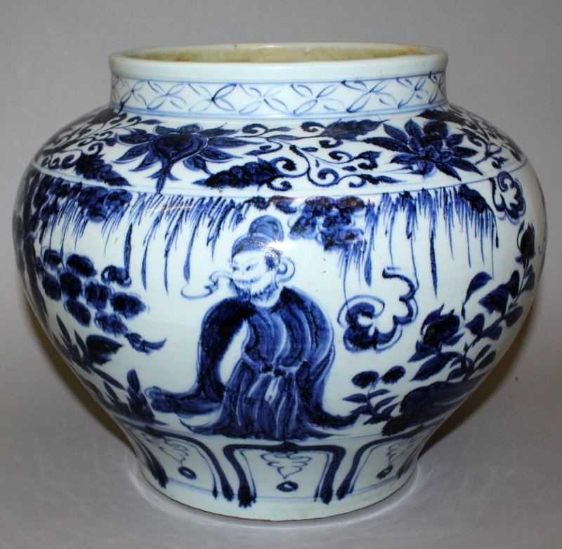 A LARGE CHINESE MING STYLE BLUE & WHITE PORCELAIN JAR,: A LARGE CHINESE MING STYLE BLUE & WHITE PORCELAIN JAR, decorated with sages in a landscape setting, the base unglazed, 13.5in wide at widest point & 11.1in high.