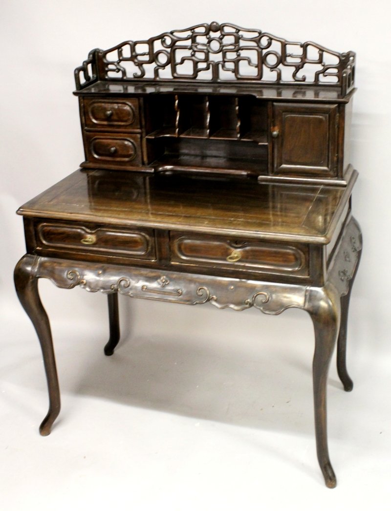 A 19TH CENTURY CHINESE HARDWOOD DESK, with pierced (1 of 1)