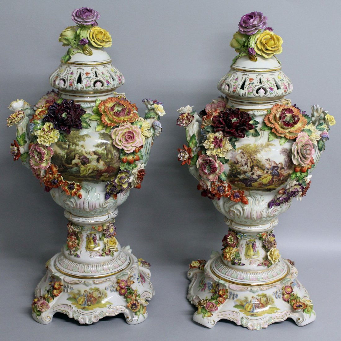 149.  A SUPERB LARGE PAIR OF DRESDEN TWO HANDLED URN (1 of 1)
