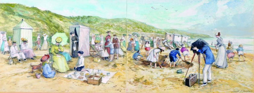 John Strickland Goodall (1908-1996) British. A Beach: John Strickland Goodall (1908-1996) British. A Beach Scene with Figures, Watercolour, Signed, 5.5” x 14.25”, and two other by the same hand on the reverse.