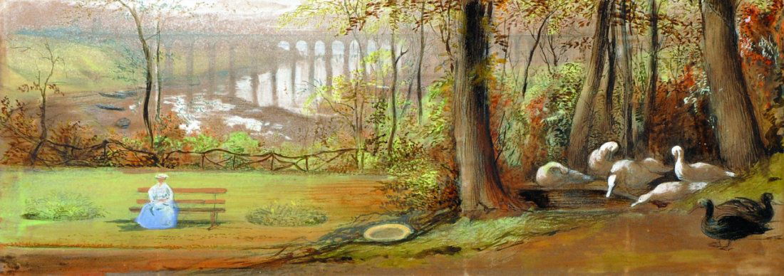 Attributed to Edward Lear (1812-1888) British. An: Attributed to Edward Lear (1812-1888) British. An Extensive Landscape, with a Lady Seated on a Bench, and a Viaduct in the distance, Watercolour, 5.25” x 15”.