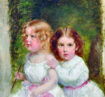 Circle of Sophie Anderson (1823-1903) French/British.: Circle of Sophie Anderson (1823-1903) French/British. Two Little Girls, Dressed in White with Pink Bows, Oil on Canvas laid down, 8” x 8.25”.