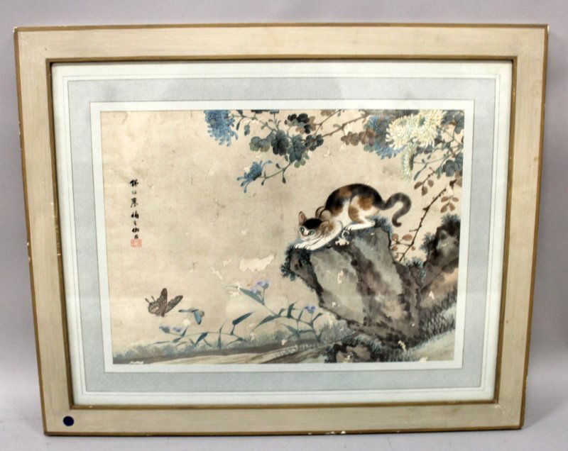 A FRAMED CHINESE PAINTING ON PAPER OF A CAT IN THE (1 of 6)