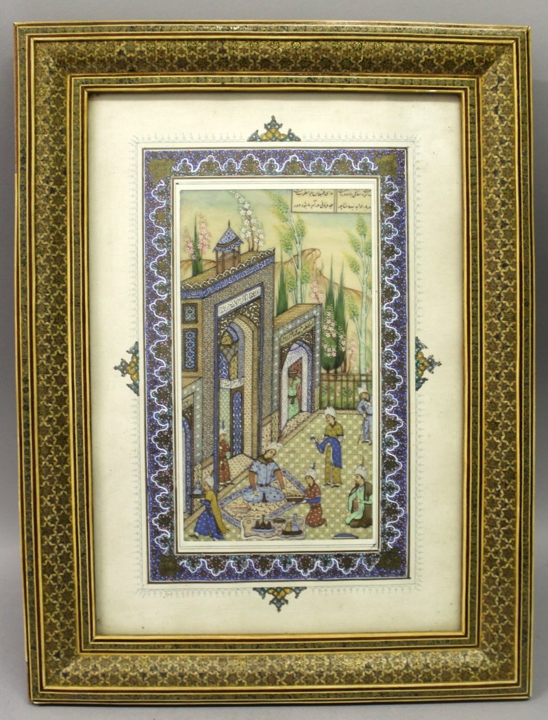 A 20TH CENTURY INLAID MOSAIC FRAMED PERSIAN PAINTING ON: A 20TH CENTURY INLAID MOSAIC FRAMED PERSIAN PAINTING ON IVORY, within a painted paper mount, the frame 17.8in x 13.5in. John Nicholsons Auctioneers do not ship items containing ivory to the USA or its