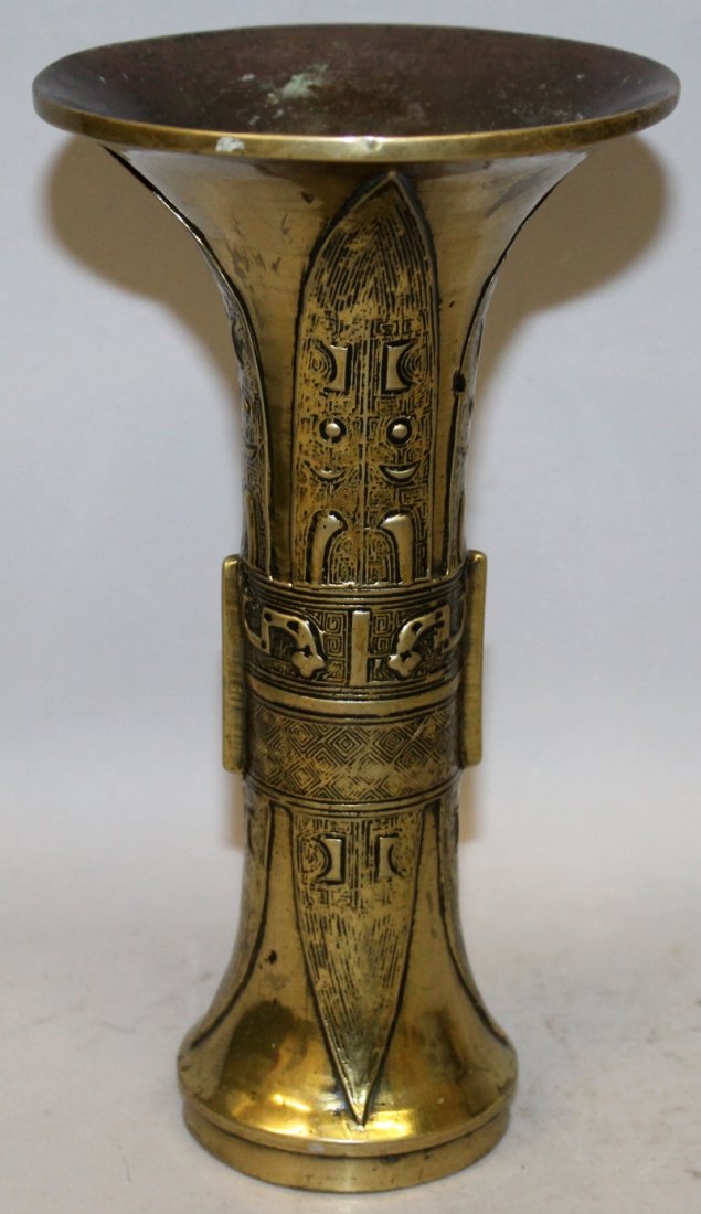 A CHINESE POLISHED BRONZE GU VASE, possibly 17th (1 of 6)
