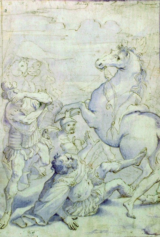 After Annibale Carracci (1560-1609) Italian. Figures: After Annibale Carracci (1560-1609) Italian. Figures and Horses, Mixed Media, bears a Signature, Unframed, 11" x 7.5", and three other drawings, four (4).