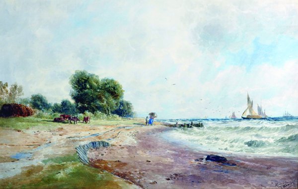 Thomas Bush Hardy (1842-1897) British. "A Summer: Thomas Bush Hardy (1842-1897) British. "A Summer Shower", Figures on a Beach, Watercolour, Signed and Inscribed, 19" x 29.5".