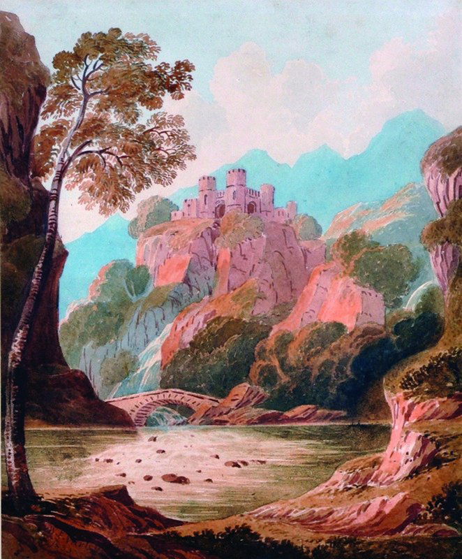 William Frederick Varley (1785-1858) British. A River: William Frederick Varley (1785-1858) British. A River Landscape, with a Hill Top Fortification, Watercolour, Signed, 11" x 9".