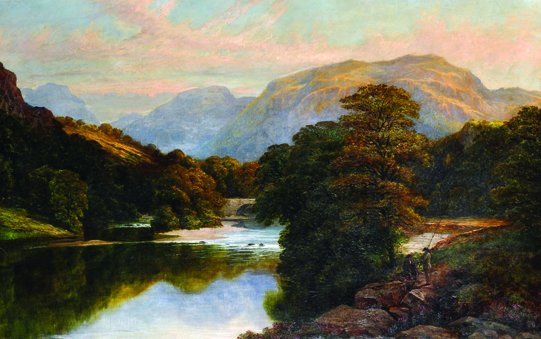 William Harold Cubley (1816-1896) British. 'Fly: William Harold Cubley (1816-1896) British. 'Fly Fishing', a Mountainous River Landscape, Oil on Canvas, Signed with Initials, 21.25" x 34".