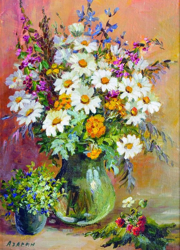 Alexander Azarin (1952- ) Russian. Still Life of: Alexander Azarin (1952- ) Russian. Still Life of Flowers in a Green Vase, Oil on Canvas, Signed, and Inscribed on the reverse, 9" x 6.5".