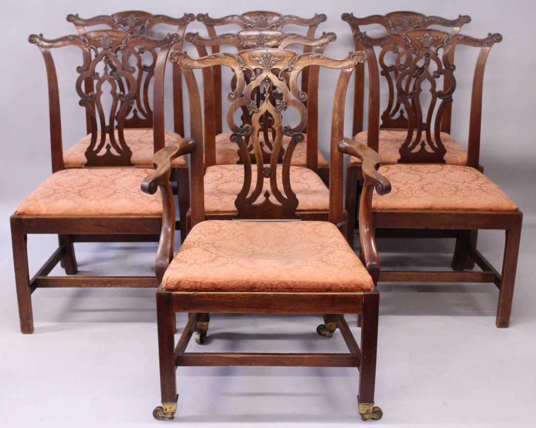 A GOOD SET OF SEVEN GEORGE III MAHOGANY DINING CHAIRS,: A GOOD SET OF SEVEN GEORGE III MAHOGANY DINING CHAIRS, in the manner of Thomas Chippendale, with well carved cresting rails, pierced vase shaped back splats, drop in seats on stretchered square legs,