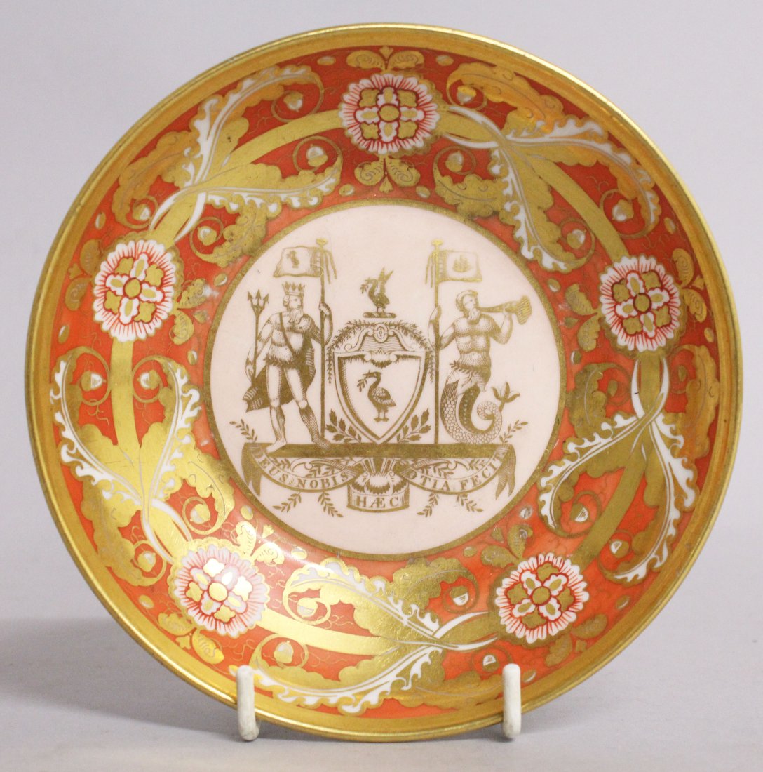 A 19TH CENTURY HERCULANEUM RARE SAUCER gilded with the: A 19TH CENTURY HERCULANEUM RARE SAUCER gilded with the Arm of Liverpool Corporation in gold, see Peter Hyland, The Herculaneum Pottery: Liverpool's Forgotten Glory, figure 150 for another example.