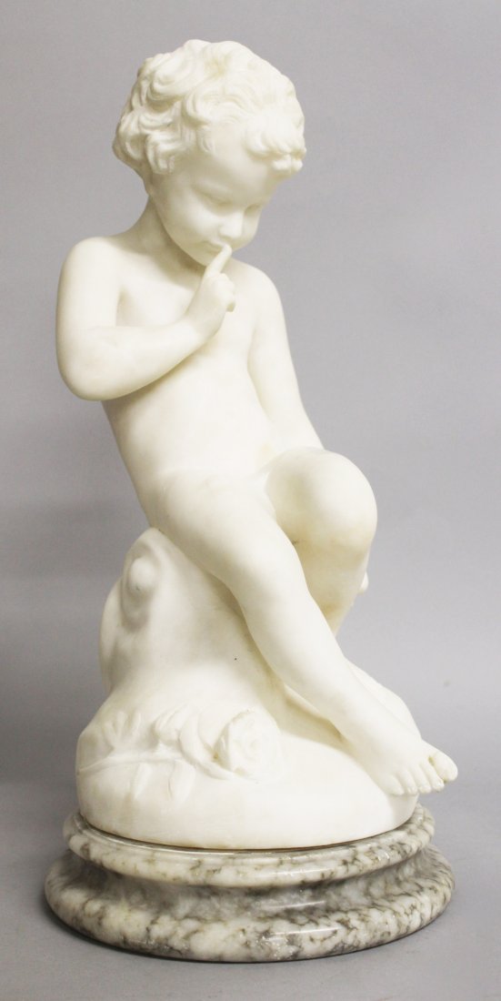 FRANCESCO POZZI (MID 19TH CENTURY) ENFANT POR: FRANCESCO POZZI (MID 19TH CENTURY) ENFANT POR FALCONET. A WHITE MARBLE CARVING OF A YOUNG SEATED BOY. Signed and Inscribed. 17.5ins high.