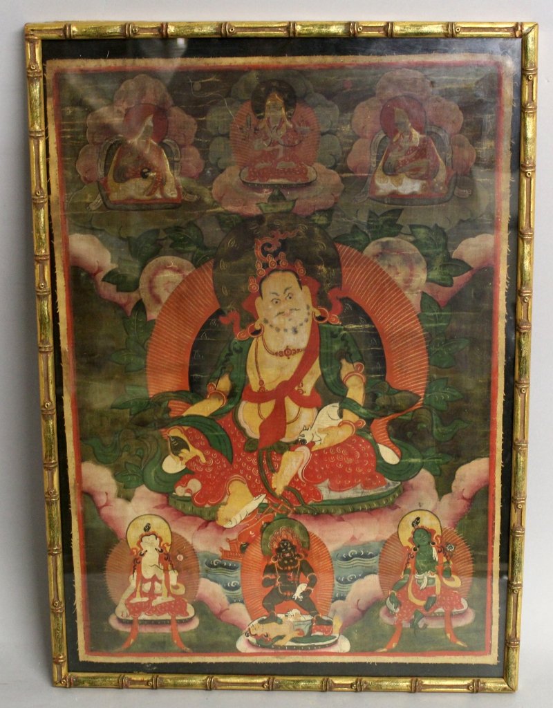 A 19TH CENTURY FRAMED TIBETAN THANGKA PAINTING ON (1 of 5)