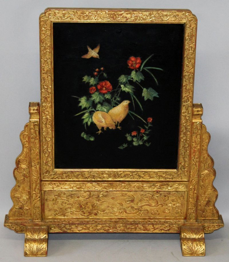 AN UNUSUAL ORIENTAL IVORY ONLAID SCREEN, one surface (1 of 8)