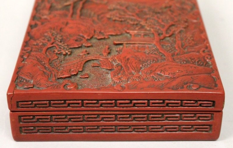 A CHINESE RED CINNABAR RECTANGULAR LACQUER BOX & COVER, (1 of 9)