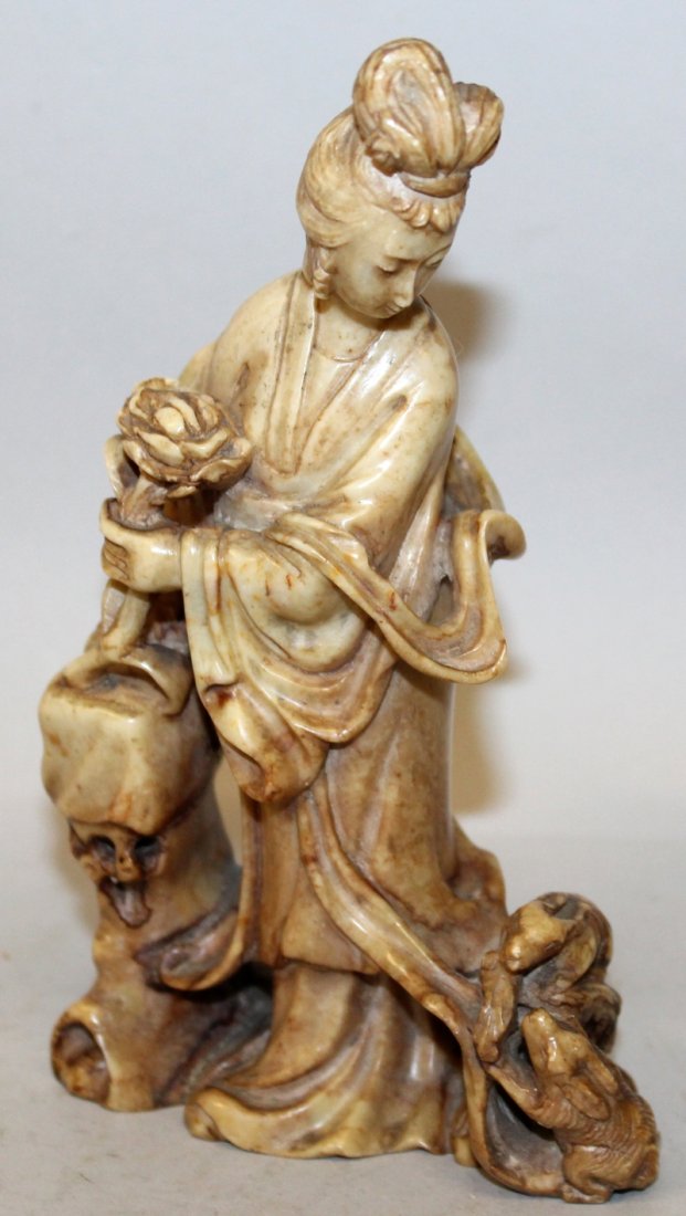 A 19TH/20TH CENTURY CHINESE SIGNED SOAPSTONE FIGURE OF (1 of 6)