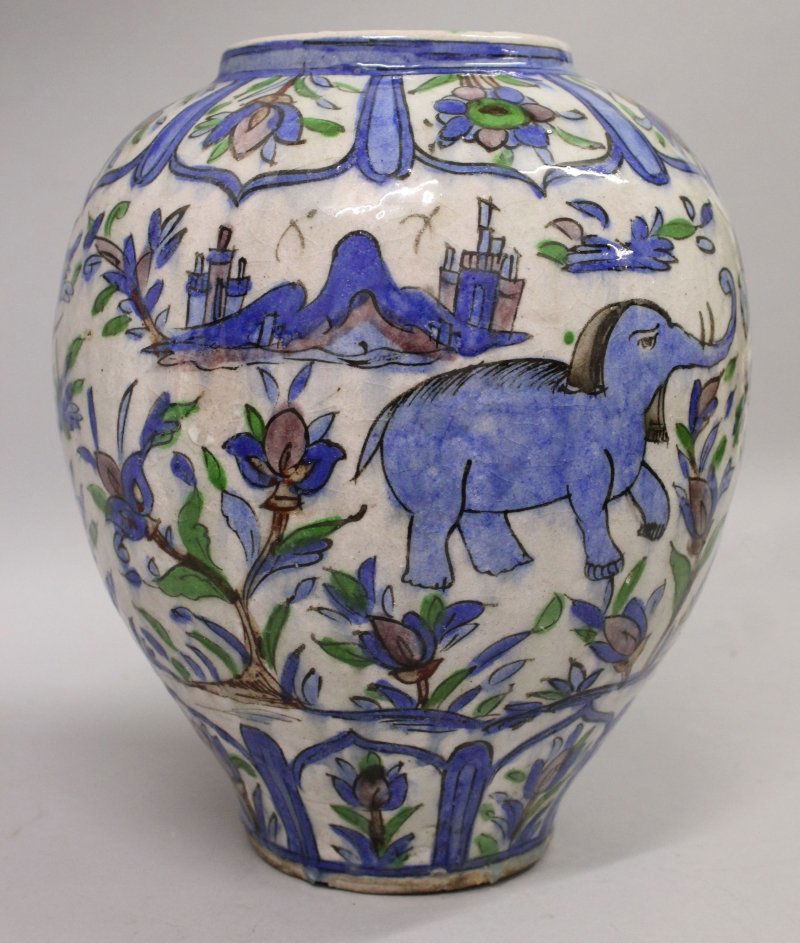 A 19TH CENTURY PERSIAN QAJAR CERAMIC POLYCHROME VASE, (1 of 3)