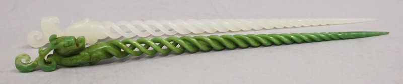 TWO SIMILAR CHINESE JADE-LIKE HAIR ORNAMENTS, each with (1 of 2)