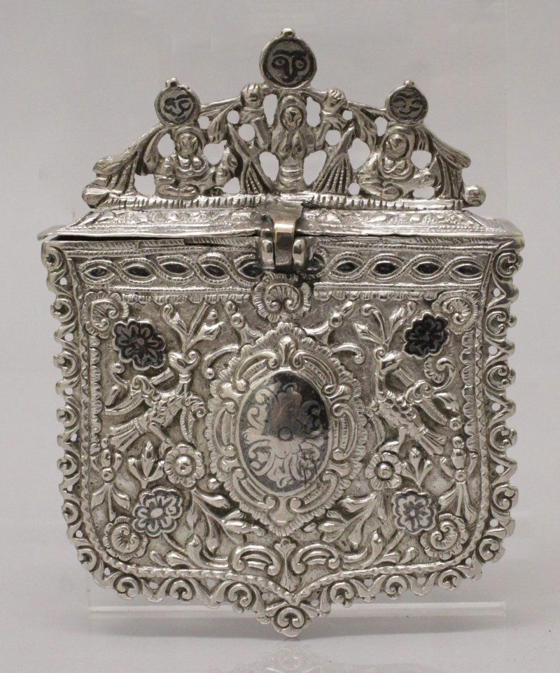 A 19TH CENTURY INDO-PERSIAN SILVER METAL BOX, with (1 of 6)
