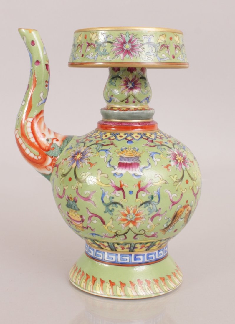 A GOOD QUALITY CHINESE TIBETAN MARKET LIME GREEN GROUND (1 of 9)