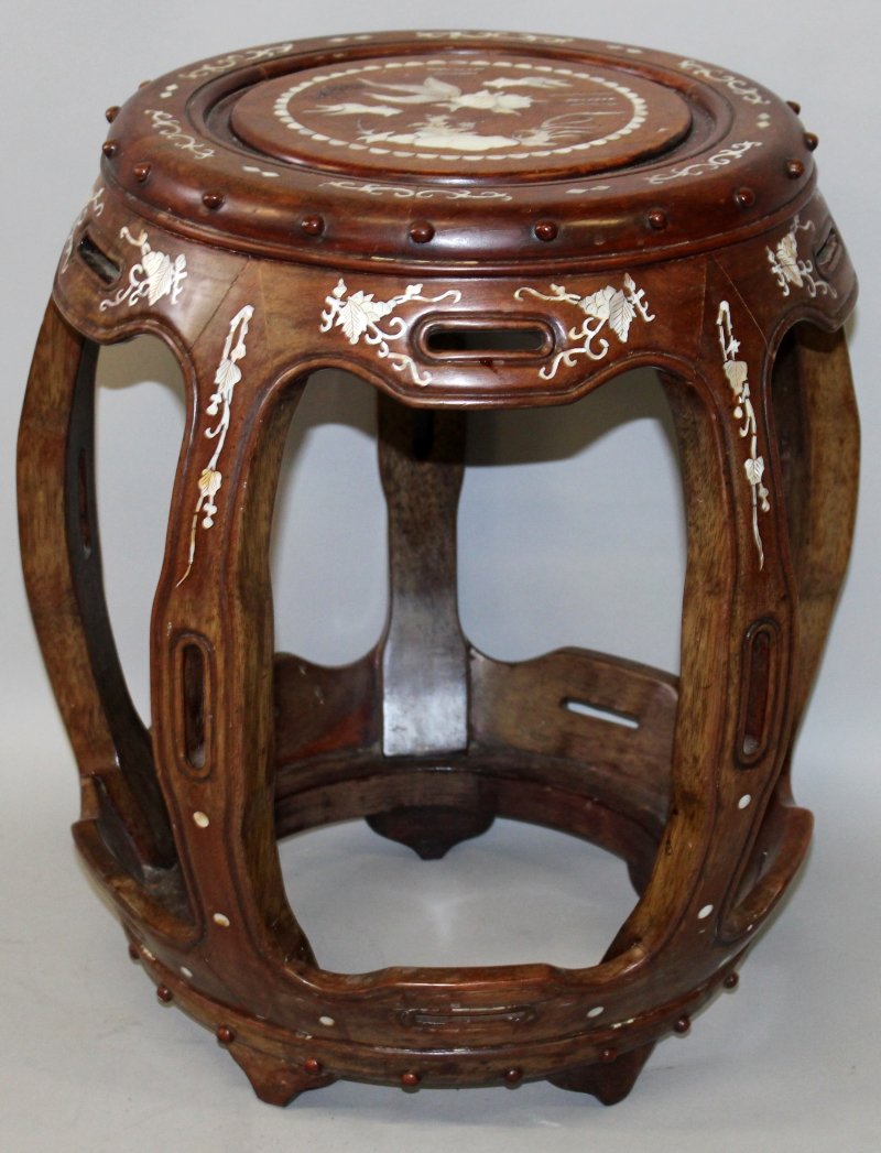 A CHINESE MOTHER-OF-PEARL INLAID BARREL FORM HARDWOOD (1 of 8)