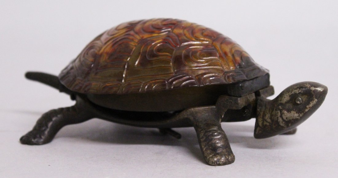 A GOOD BRONZE TURTLE TABLE BELL. 6ins long.: A GOOD BRONZE TURTLE TABLE BELL. 6ins long.