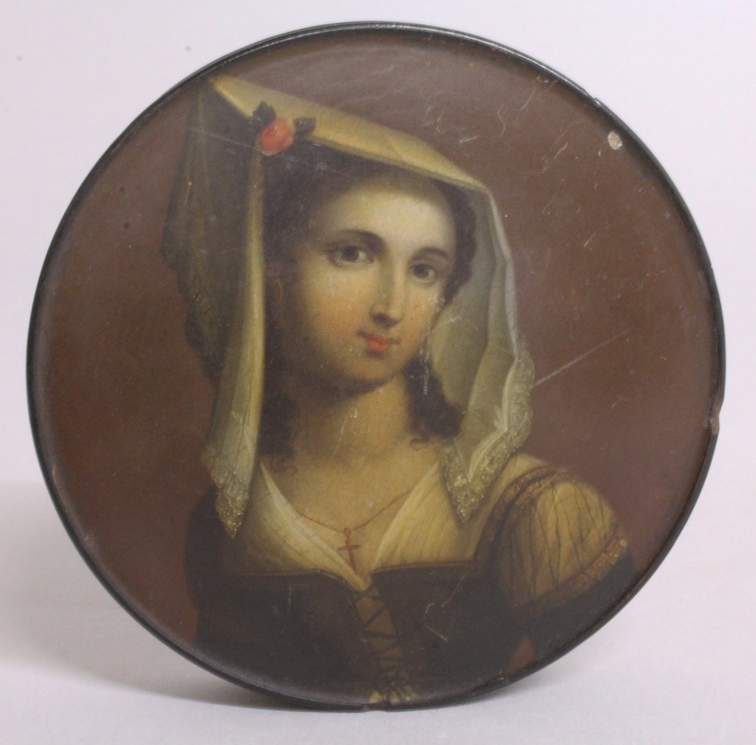 A 19TH CENTURY CIRCULAR PAPIER MACHE BOX AND COVER, the: A 19TH CENTURY CIRCULAR PAPIER MACHE BOX AND COVER, the lid painted with a portrait after TINTORETTO. 9.5cms diameter.
