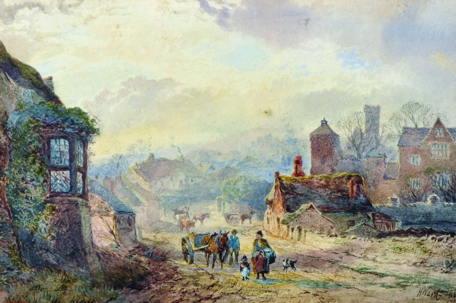 Harry Ward (1844-1873) British. 'Groby,: Harry Ward (1844-1873) British. 'Groby, Leicestershire', with Figures and Horses, Watercolour, Signed and Dated 186., and Inscribed on a label on the reverse, 6.5" x 9.75".