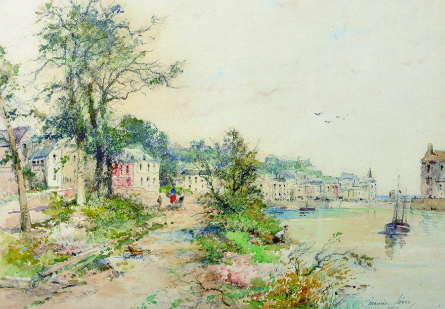 Maurice Levis (1860-1940) French. "St Valery au Caux",: Maurice Levis (1860-1940) French. "St Valery au Caux", Watercolour, Signed, Inscribed and Dated 1940, 9.25" x 12.5".