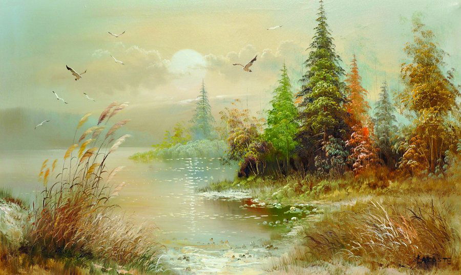 Lacoste (20th Century) Continental. A River Landscape,: Lacoste (20th Century) Continental. A River Landscape, Oil on Canvas, Signed, 24" x 36".