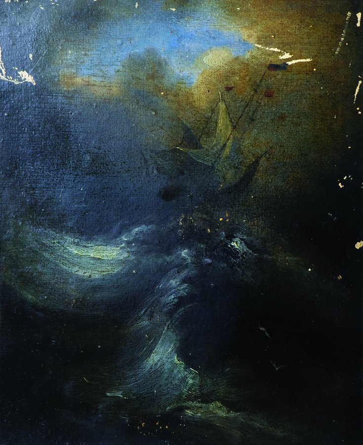 19th Century English School. A Ship in Distress, in: 19th Century English School. A Ship in Distress, in Heavy Waters, Oil on Paper, Unframed, 11.25" x 9.25".