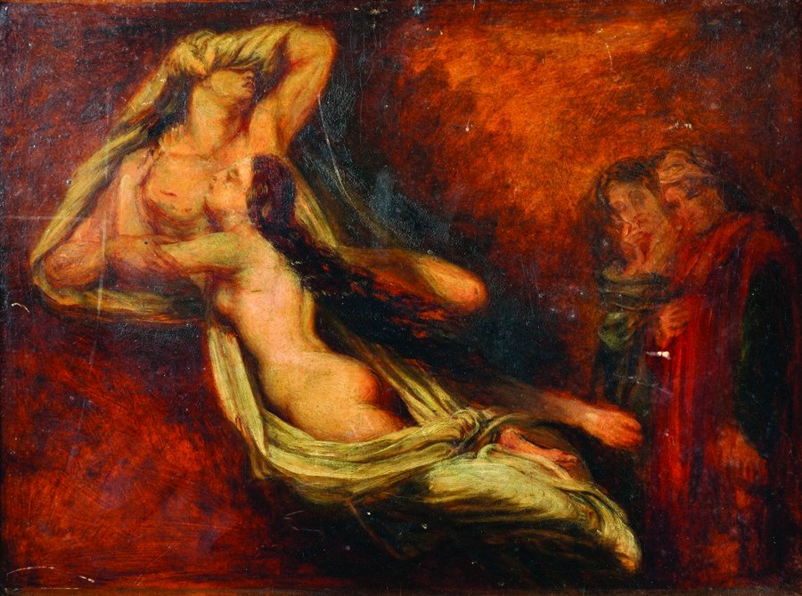 Attributed to Ary Scheffer (1795-1858) Dutch / French.: Attributed to Ary Scheffer (1795-1858) Dutch / French. 'The Ghosts of Paolo and Francesca Appear to Dante and Virgil', Oil Sketch on Paper laid down, 9" x 12".