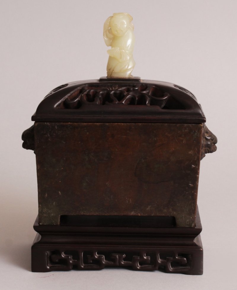 A CHINESE RECTANGULAR BRONZE CENSER, with fitted wood (1 of 10)