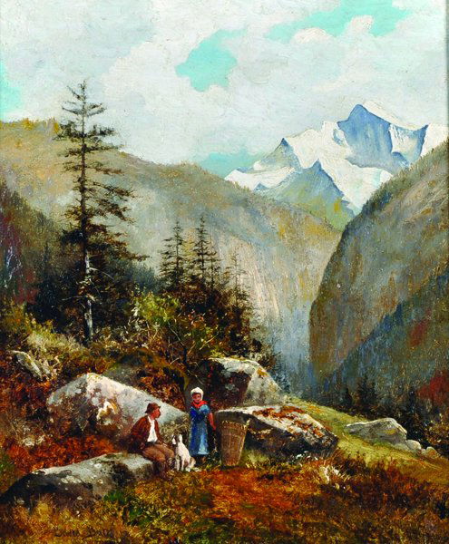 David Bates (1840-1921) British. 'Jungfrau', a: David Bates (1840-1921) British. 'Jungfrau', a Mountainous Landscape, with Figures in the foreground, Oil on Canvas, Signed, and Signed and Inscribed on the reverse, 12" x 10".