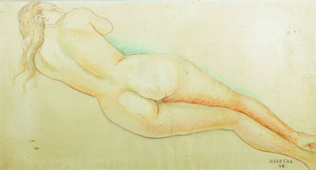 Maria Vorobieff Marevna (1892-1984) Russian. A: Maria Vorobieff Marevna (1892-1984) Russian. A Reclining Nude on a Sofa, Coloured Crayons, Signed and Dated '42, 10.5" x 19.5".