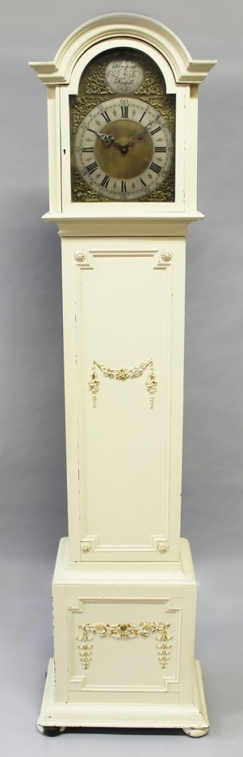 A 1920'S WHITE PAINTED LONGCASE CLOCK with silvered: A 1920'S WHITE PAINTED LONGCASE CLOCK with silvered dial. 6ft 2ins high.