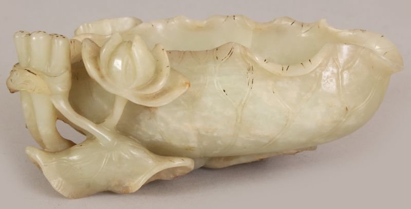 A 19TH CENTURY CHINESE CELADON JADE LOTUS BRUSHWASHER, (1 of 8)