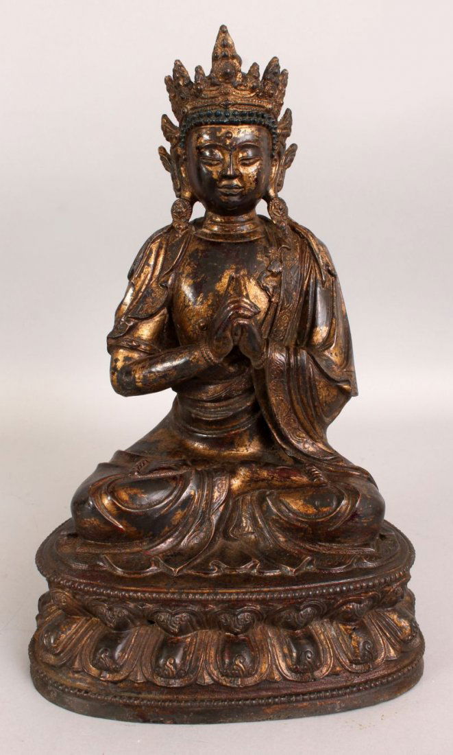 A LARGE CHINESE GILT BRONZE FIGURE OF BUDDHA, seated in (1 of 7)