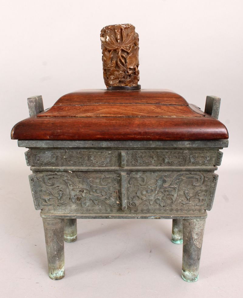 A LARGE CHINESE ARCHAIC RECTANGULAR BRONZE DING CENSER, (1 of 10)
