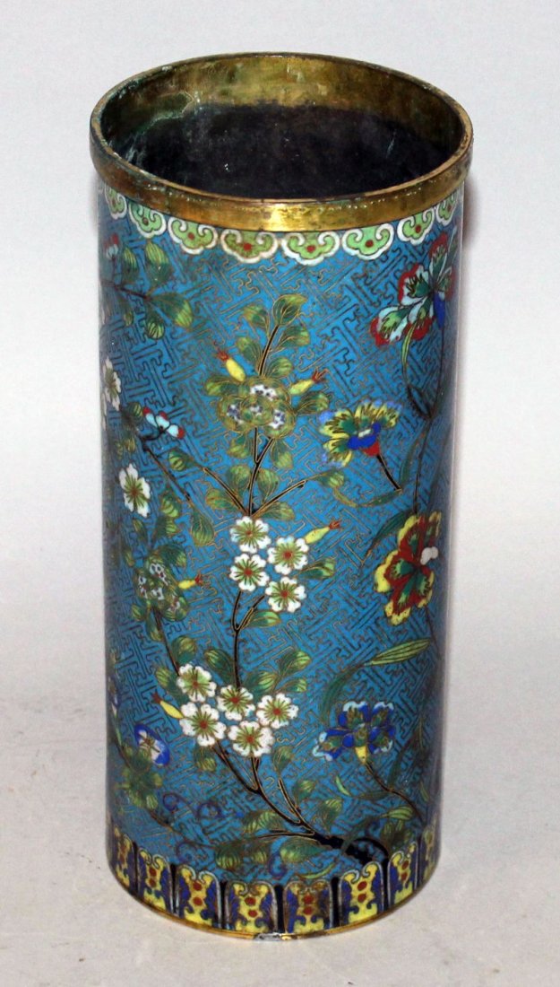 A 19TH CENTURY CHINESE CLOISONNE CYLINDRICAL VASE, the (1 of 5)