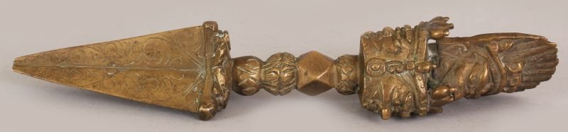 A 19TH/20TH CENTURY TIBETAN BRONZE PHURBA, with (1 of 7)
