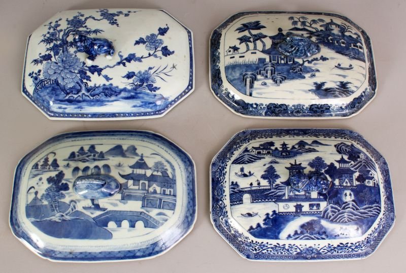 A GROUP OF FOUR 18TH CENTURY CHINESE QIANLONG PERIOD: A GROUP OF FOUR 18TH CENTURY CHINESE QIANLONG PERIOD BLUE & WHITE PORCELAIN TUREEN COVERS, the largest 12.1in x 8.75in. (4)