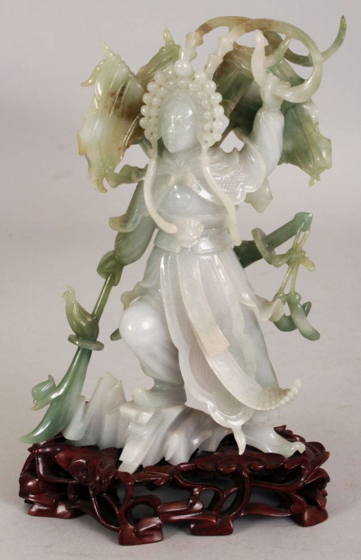 A CHINESE GREEN JADEITE FIGURE OF A STANDING WARRIOR, (1 of 6)