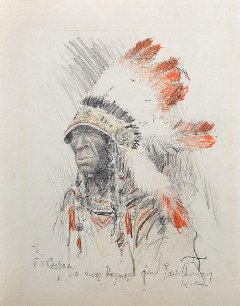 Herbert Samuel "Bert" Thomas (1883-1966) British. A Red: Herbert Samuel "Bert" Thomas (1883-1966) British. A Red Indian Chief, Pencil and Chalk, Signed and Inscribed 'To. E H Cooper, with kindest regards from Bert Thomas' and Dated 1922, Unframed, 11.75" x